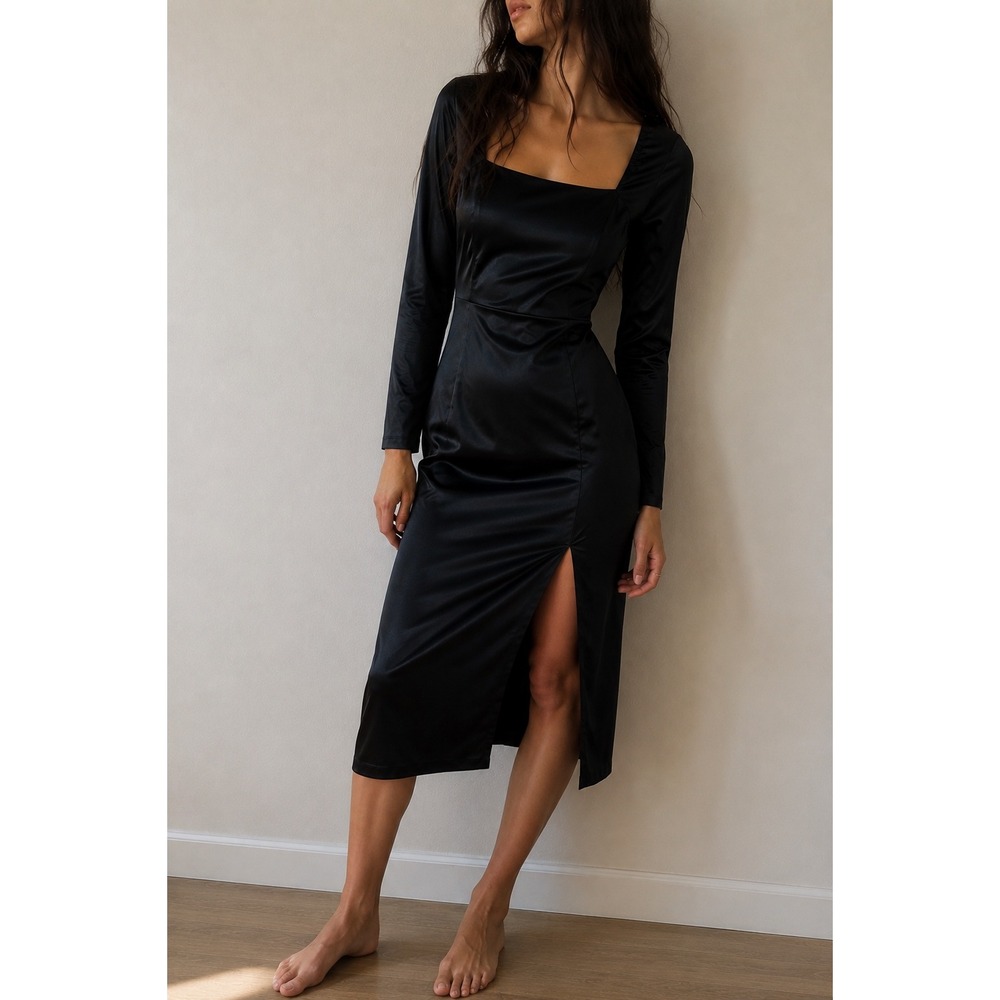 Lulus Fabulous Encounters Black Satin Long Sleeve Midi Dress XS Party Cocktail
